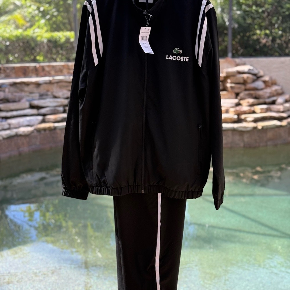 Lacoste Men's XL Black Taffeta Tracksuit with Side Stripe - Activewear Set